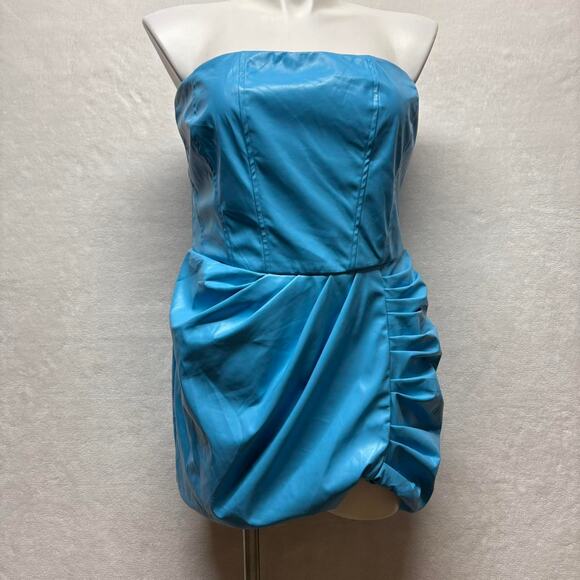 Fashion Nova Strapless Faux Leather Ruched Bodycon Mini Dress Blue Size 1X 14/16 - Picture 1 of 9